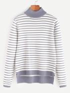 Romwe Blue Striped Turtleneck Dip Hem Split Side Sweater