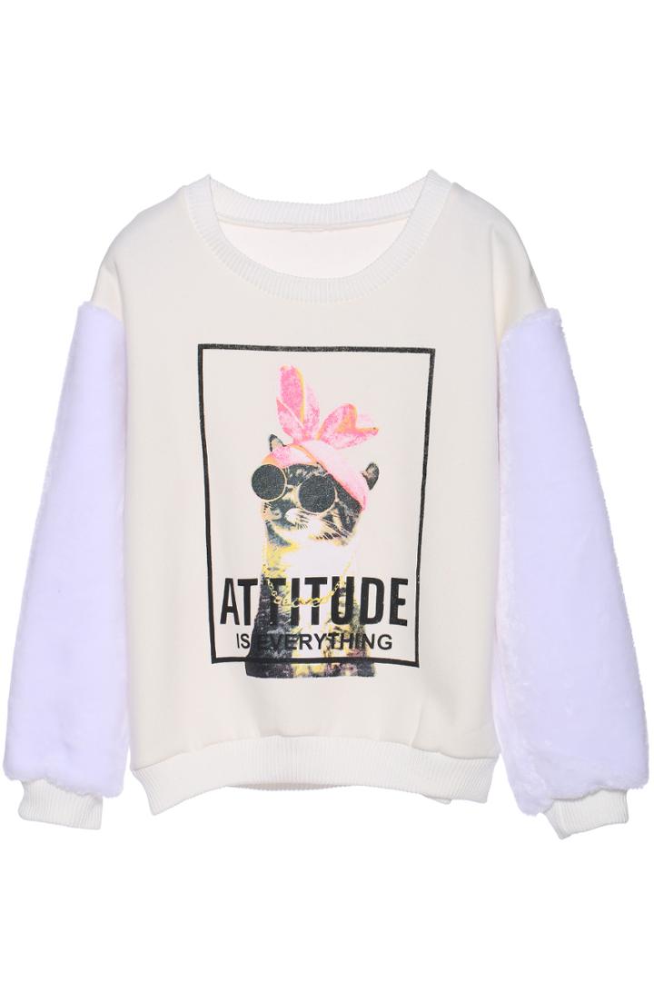 Romwe Attitude Cat Faux Fur Sleeve Beige Sweatshirt