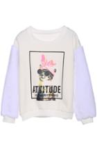 Romwe Attitude Cat Faux Fur Sleeve Beige Sweatshirt