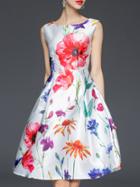 Romwe White Sleeveless Floral A-line Dress