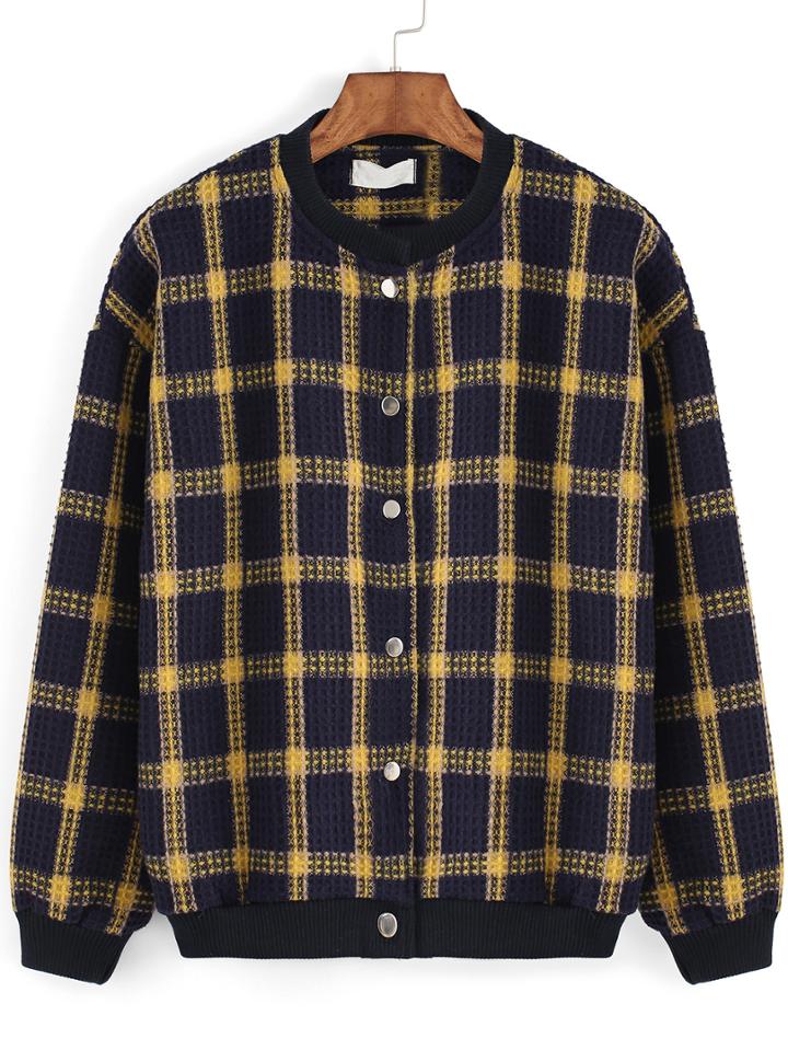 Romwe Round Neck Plaid Buttons Jacket