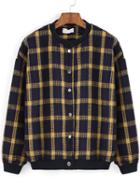 Romwe Round Neck Plaid Buttons Jacket