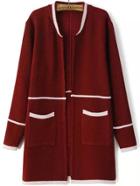 Romwe Striped Trim Pockets Wine Red Coat