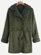 Romwe Army Green Double Breasted Sherpa Lined Suede Coat