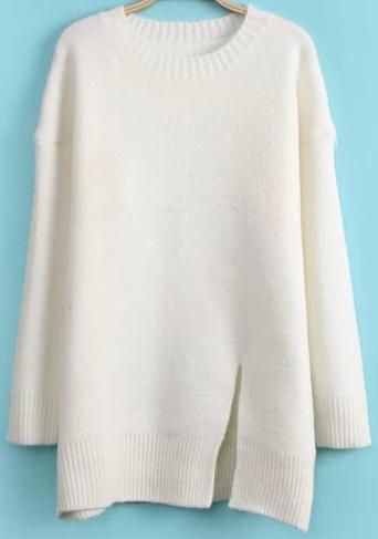 Romwe Split Hem White Sweater
