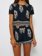 Romwe Navy Short Sleeve Leaves Print Crop Top With Shorts