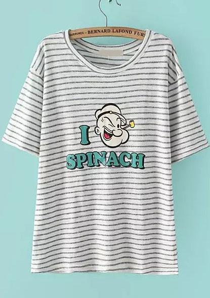 Romwe Cartoon Print Striped Grey T-shirt