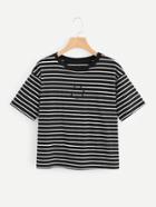 Romwe Embroidered Smile Striped Tee