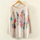 Romwe Feather Print Marled Knit Jumper