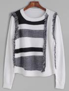 Romwe White Color Block Fringe Detail Sweater