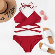 Romwe Wrap Halter Top With Cut-out Bikini Set