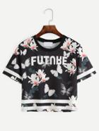 Romwe Black Flower And Butterfly Print Varsity T-shirt