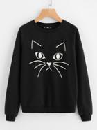Romwe Cat Print Raglan Sleeve Sweatshirt