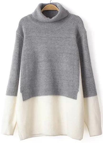 Romwe High Neck Loose Grey And White Sweater