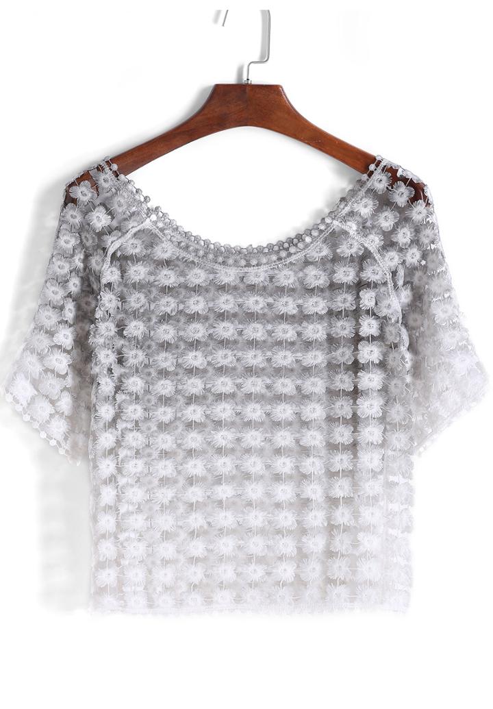 Romwe Grey Ombre Short Sleeve Floral Crochet Blouse