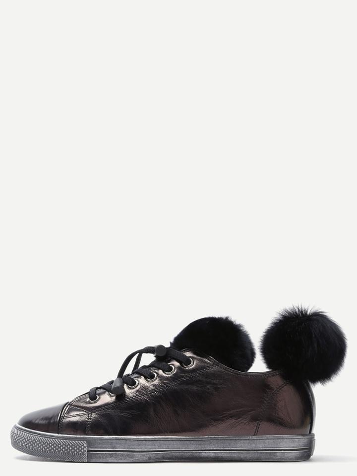 Romwe Black Fur Trim Cow Leather Low Top Sneakers
