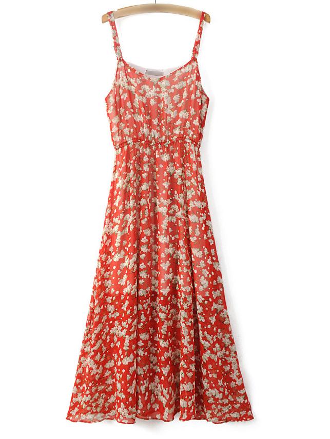 Romwe Red Spaghetti Strap Floral Flare Midi Dress