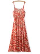 Romwe Red Spaghetti Strap Floral Flare Midi Dress