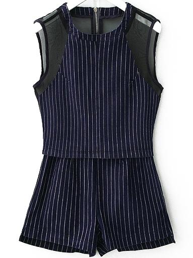 Romwe Mesh Insert Vertical Striped Top With Shorts