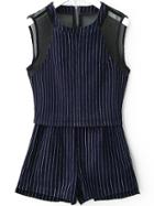 Romwe Mesh Insert Vertical Striped Top With Shorts