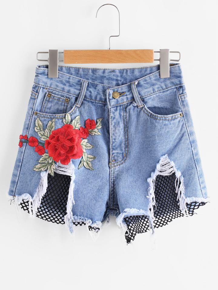 Romwe Contrast Fishnet Mesh Appliques Frayed Hem Denim Shorts
