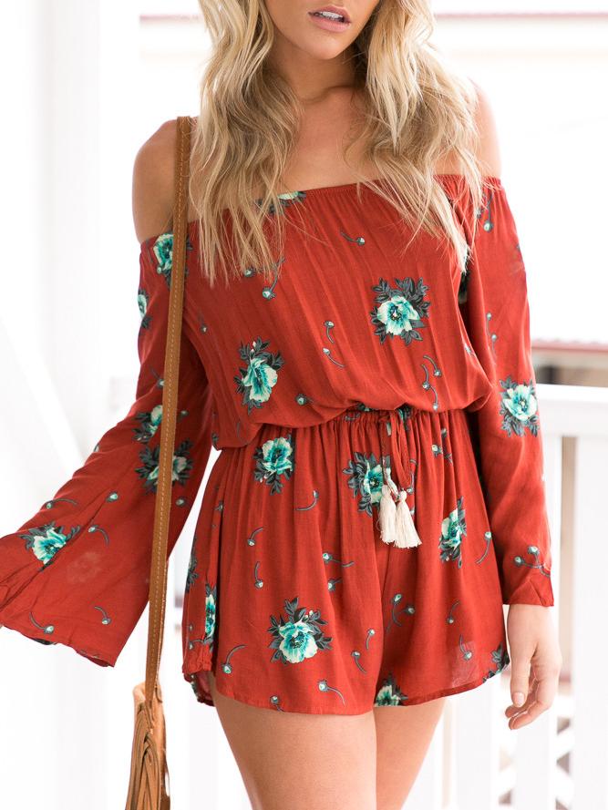 Romwe Brick Red Flower Print Off The Shoulder Romper