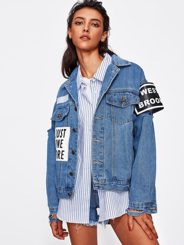 Romwe Slogan Patches Destroyed Sleeve Denim Jacket