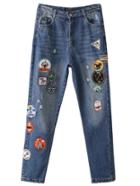 Romwe Blue Patch Embroidery Skinny Jeans