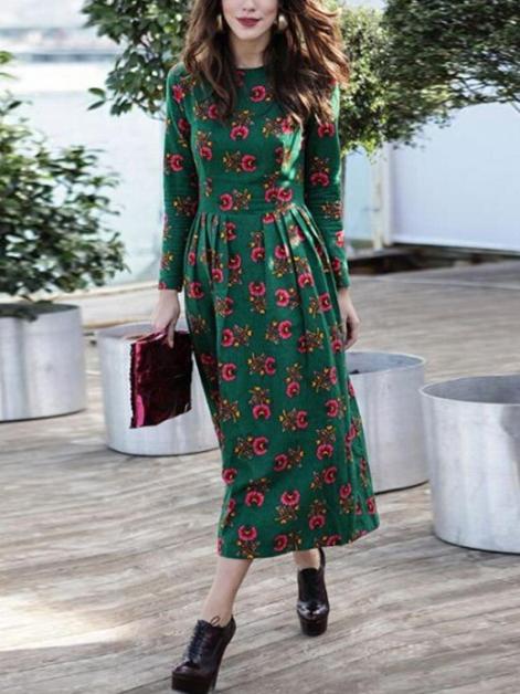 Romwe Round Neck Floral Slim Dress