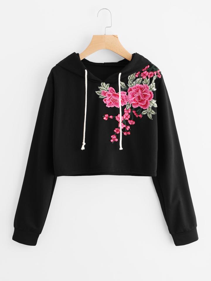 Romwe Rose Applique Crop Hoodie