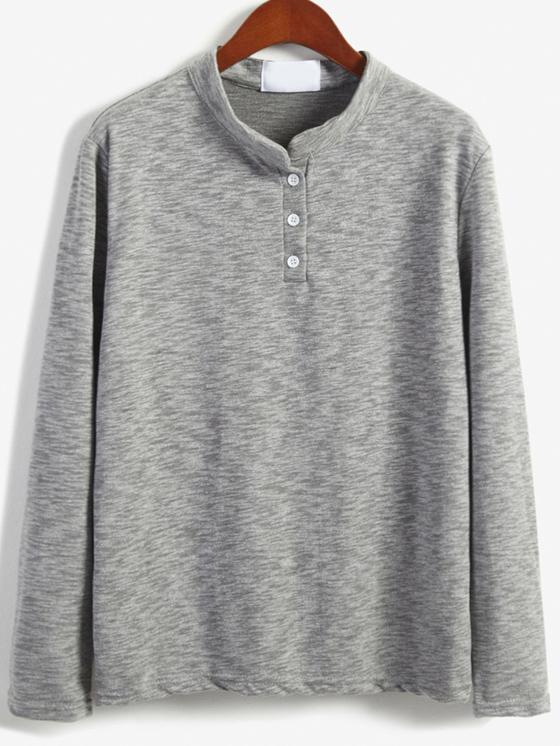 Romwe Stand Collar Buttons Grey T-shirt