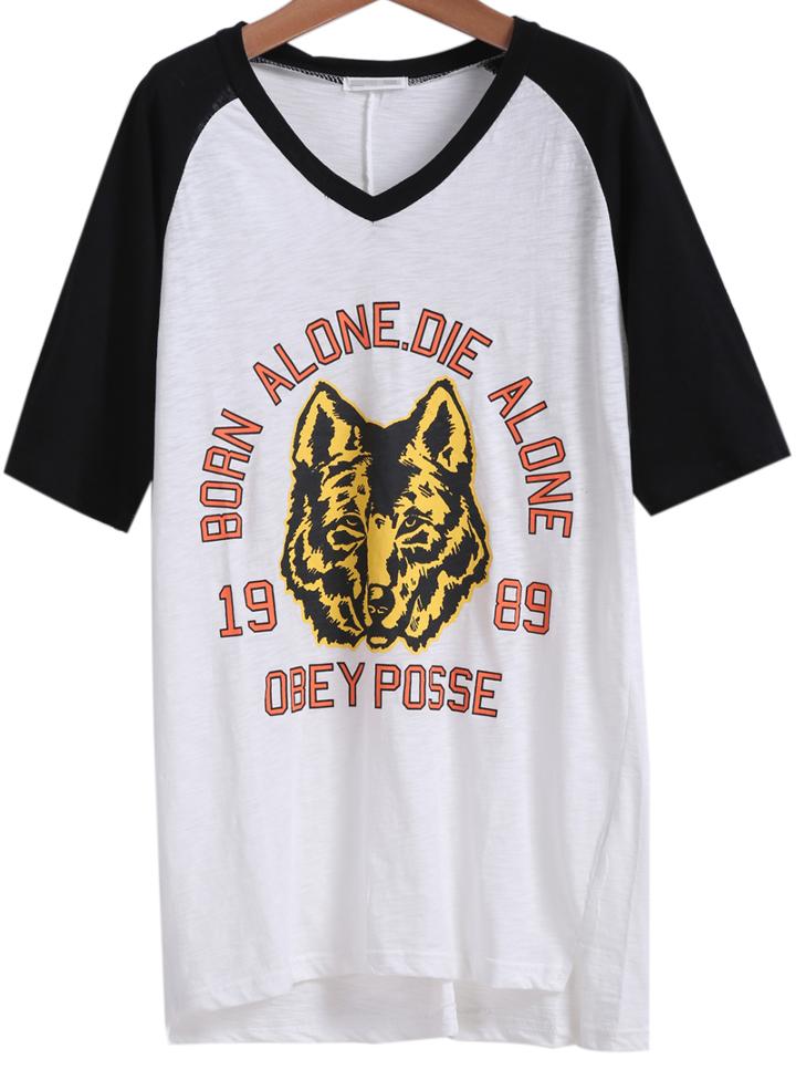 Romwe V Neck Dip Hem Wolf Print Black T-shirt