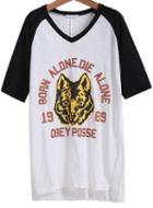 Romwe V Neck Dip Hem Wolf Print Black T-shirt