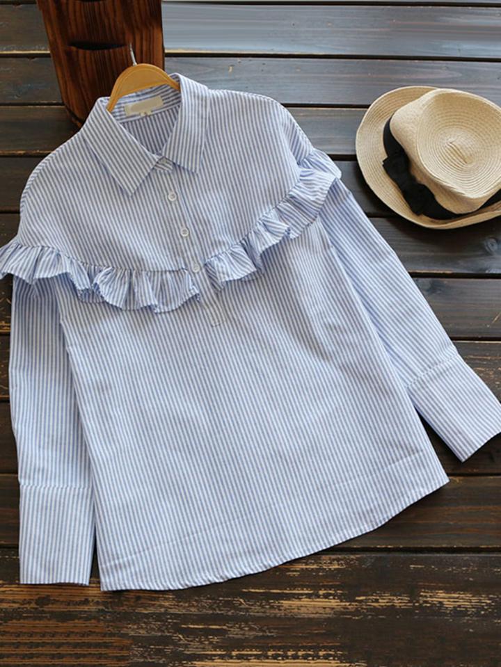 Romwe Half Placket Frill Trim Pinstripe Blouse