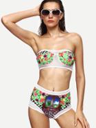 Romwe Multicolor Flower Print Mesh Insert Bandeau Bikini Set