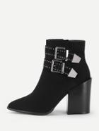 Romwe Double Buckle Block Heeled Ankle Boots