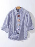 Romwe Flowers Embellished With Buttons Pinstripe Blouse