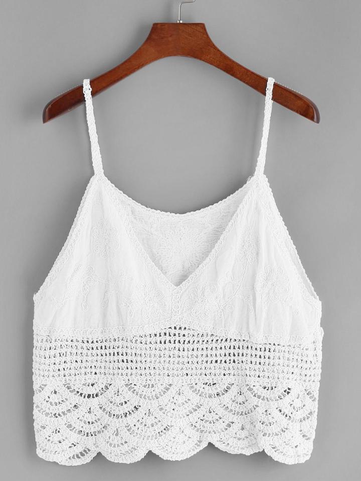 Romwe White V Neck Crochet Scallop Crochet Applique Cami Top