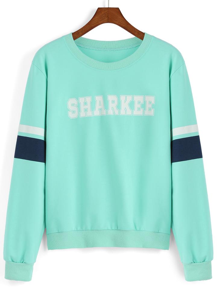 Romwe Letter Print Loose Green Sweatshirt