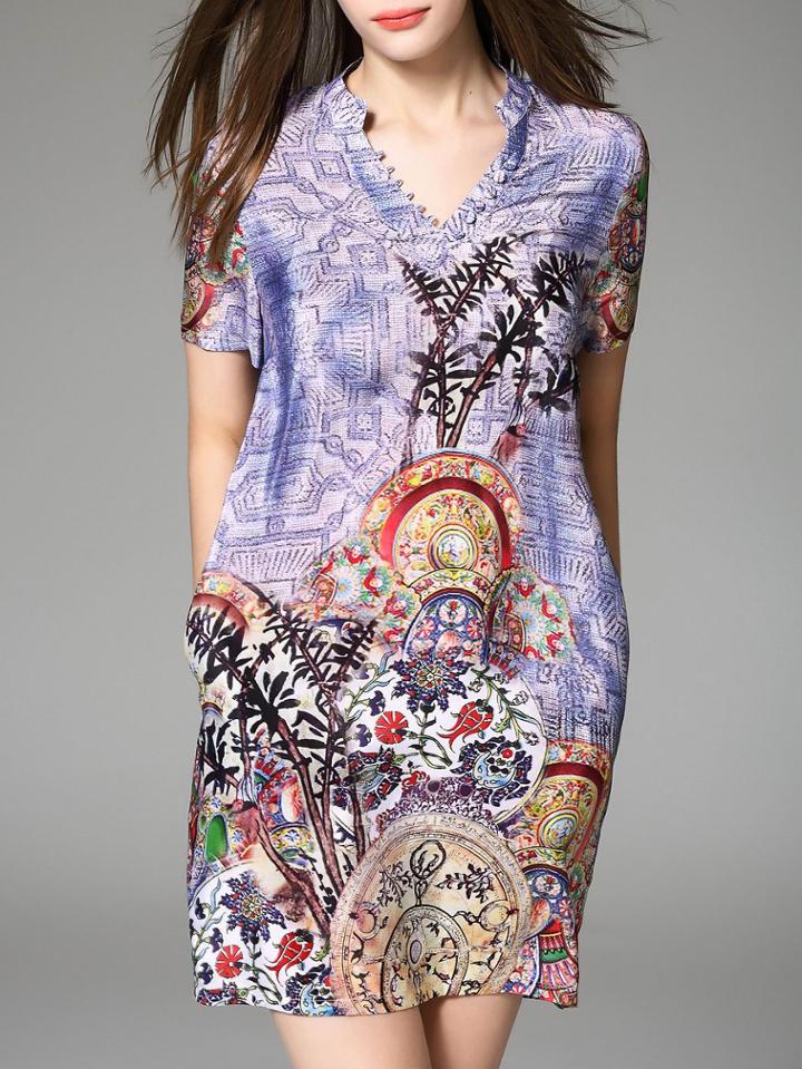 Romwe Blue V Neck Vintage Print Pockets Dress