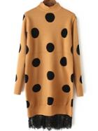 Romwe Mock Neck Contrast Lace Polka Dot Khaki Sweater Dress