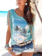 Romwe Blue Graphic Print Fringe T-shirt