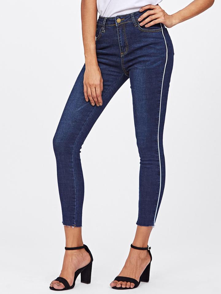 Romwe Contrast Side Raw Hem Skinny Jeans