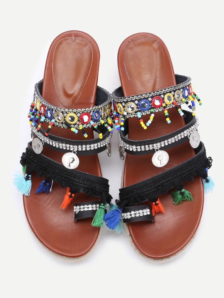 Romwe Black Open Toe Coin Fringe Trim Flatform Sandals