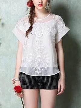 Romwe Embroidery Loose-fit Top With Cami - White