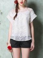 Romwe Embroidery Loose-fit Top With Cami - White