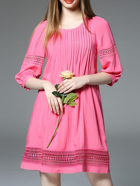 Romwe Hot Pink Pleated Hollow Shift Dress