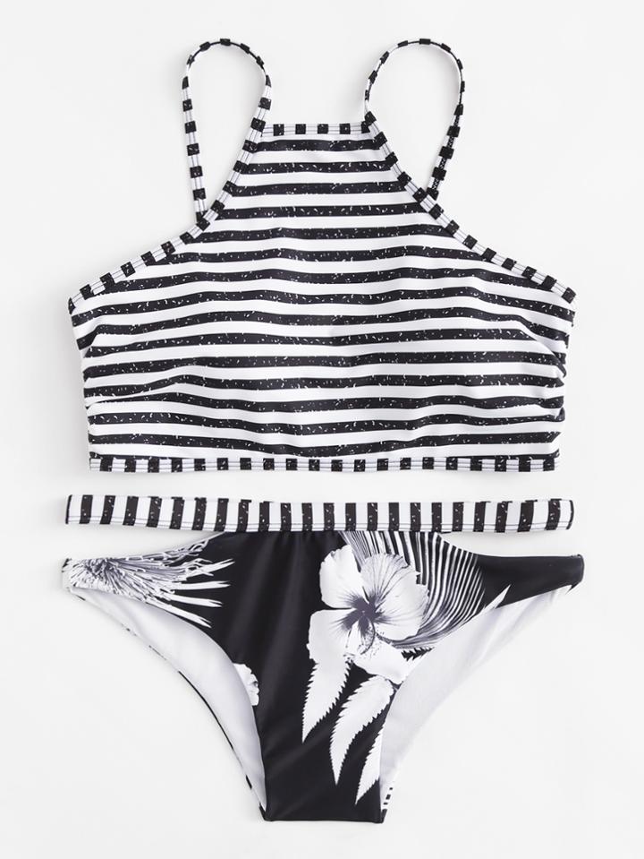 Romwe Striped Flower Print Bikini Set