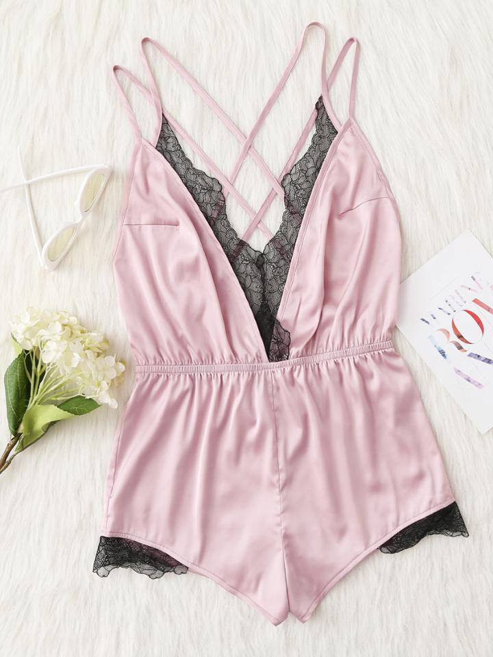 Romwe Lace Trim Crisscross Back Satin Sleep Romper