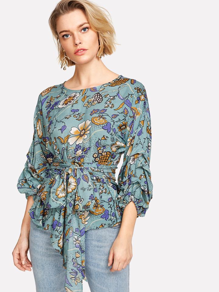 Romwe Lantern Sleeve Self Belted Floral Top